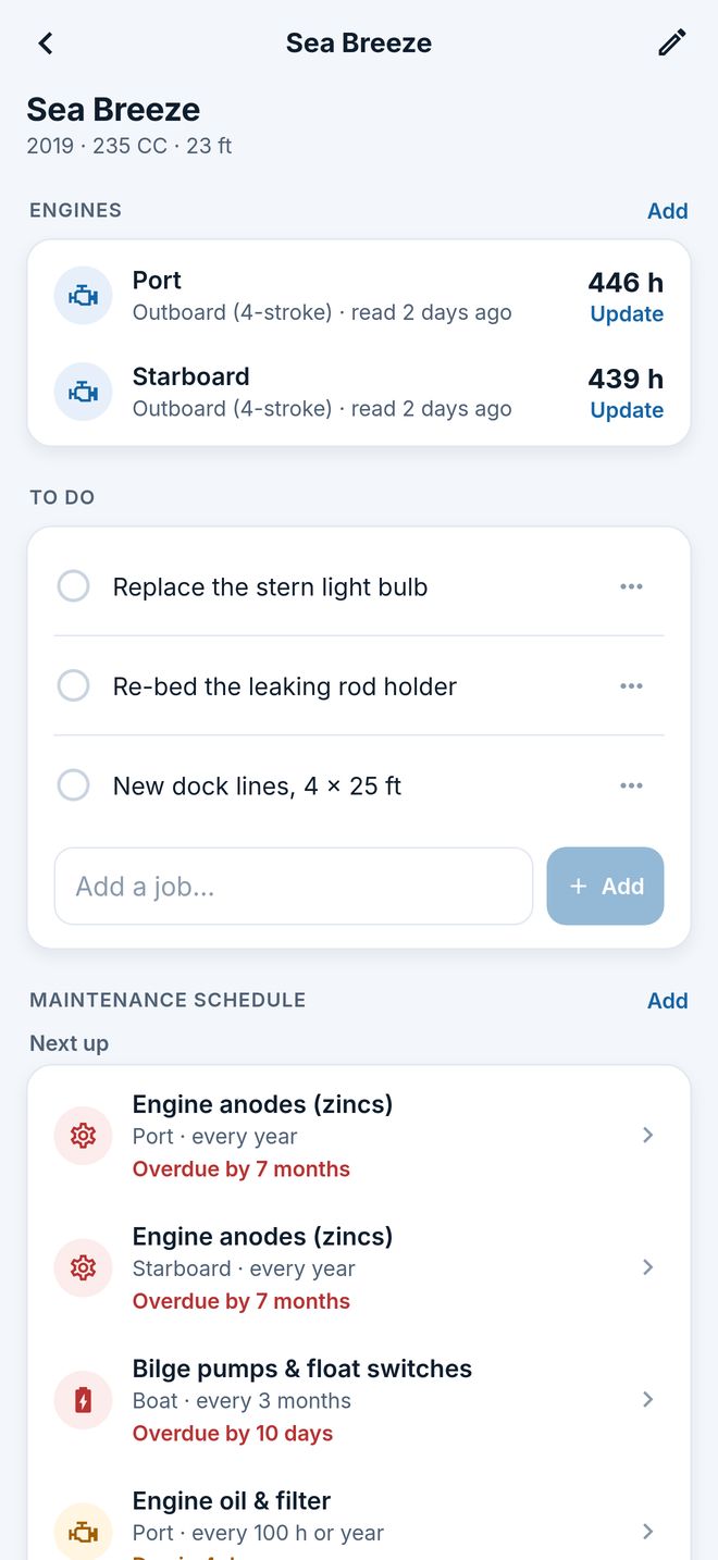 The boat page: both engines' hours and the maintenance schedule