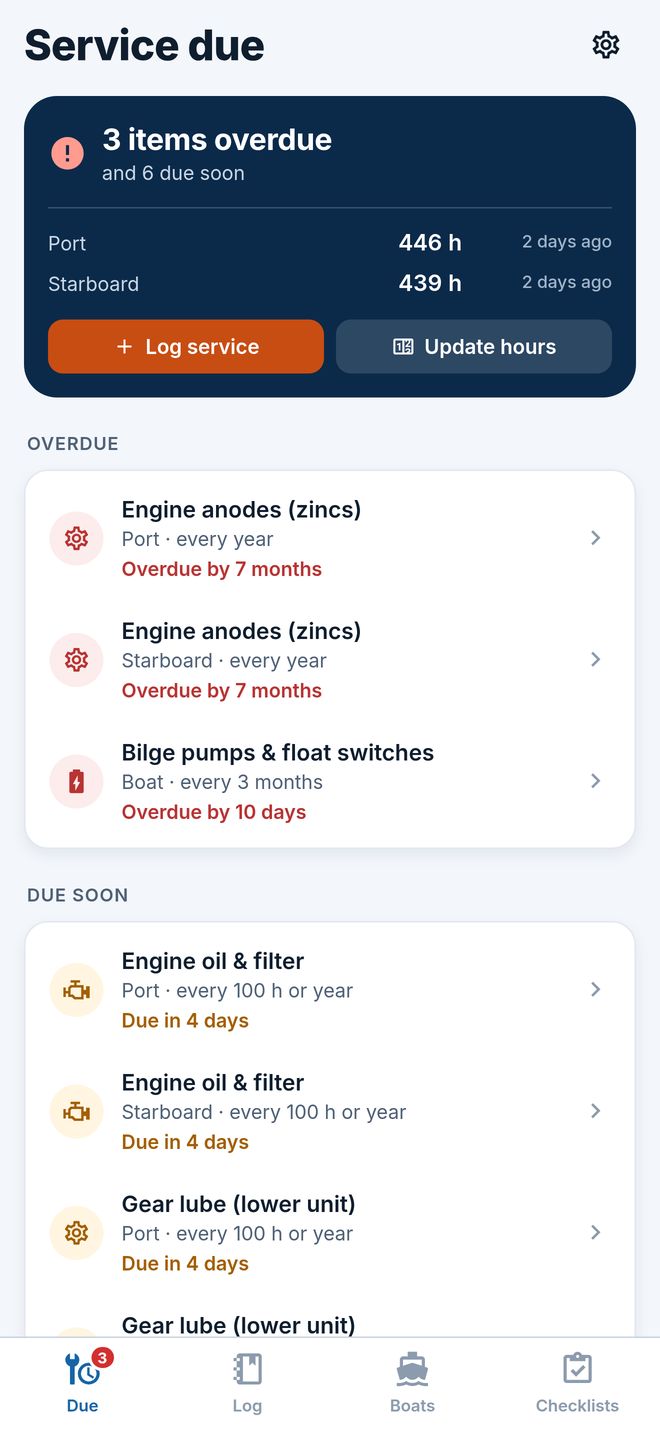 The Due screen: engine anodes overdue, the oil change due in four days, both engines' hours