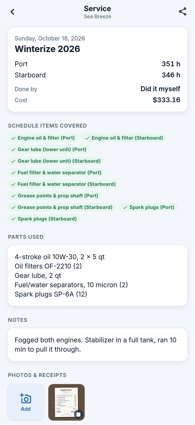 A twin-engine winterizing service with parts and a receipt